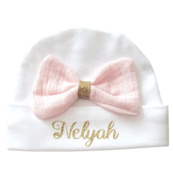 Bonnet de naissance Personnalisé coton noeud rose