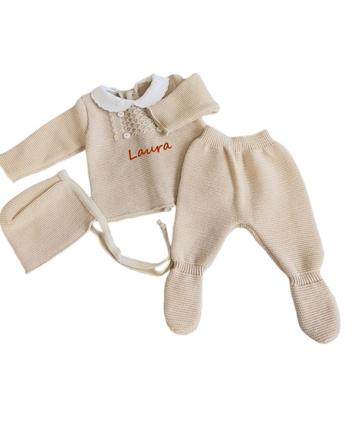 Ensemble laine bébé Personnalisé beige avec beguin