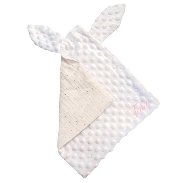 Doudou lapin plat en minky et gaz de coton crème personnalisé