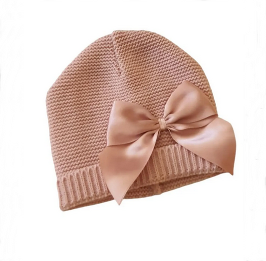 Bonnet naissance en laine rose thé